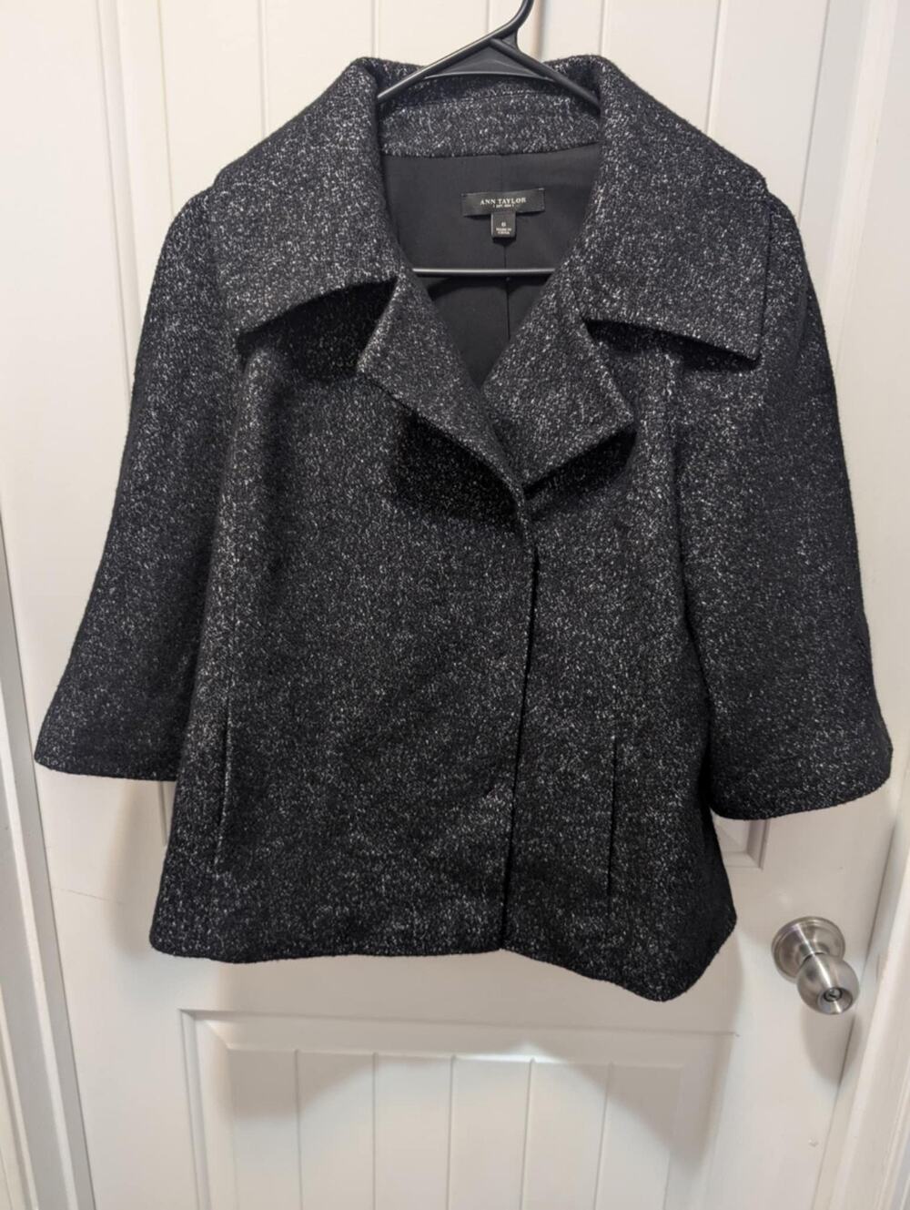 Ann Taylor Black & Gray Wool Blend Tweed Double-Breasted Pocketed Pea Coat Sz. 6